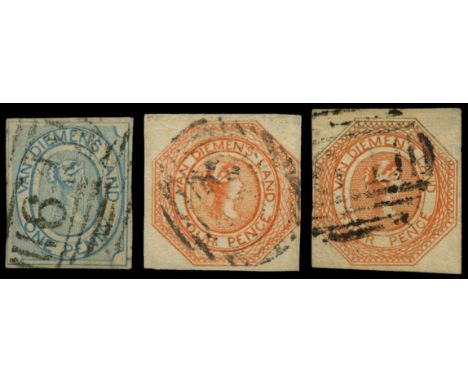 1853 1d blue on thin, hard white paper (SG 2) and two 4d orange plate II (SG 10), first four clear to good margins but a trac