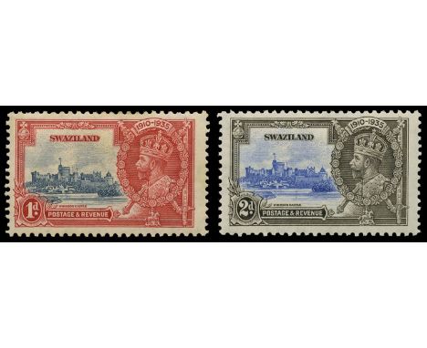 1935 Silver Jubilee 1d deep blue & scarlet and 2d ultramarine & grey-black, each variety "Extra flagstaff" (SG 21a, 22a), odd
