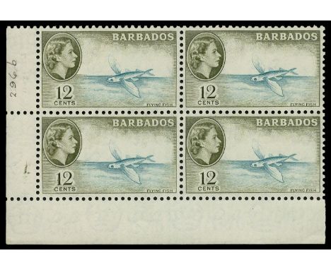 1961 12c turquoise-blue and bronze-green in lower l/h corner marginal block of 4 (SG 296b) fine u/m, cat £76