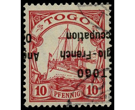 1914 (17 Sep) Wide setting with lines 3mm apart, 10pf carmine, error overprint inverted (SG H3a), fine used by two part cds, 