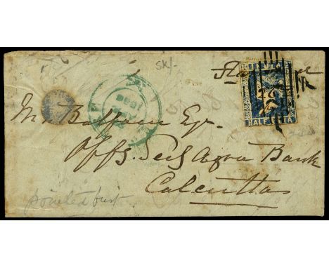 1854-55 ½a blue die I (SG 2) tied to entire to Calcutta by neat '244' diamond of Sialkot and manuscript, reverse bears SEALKO
