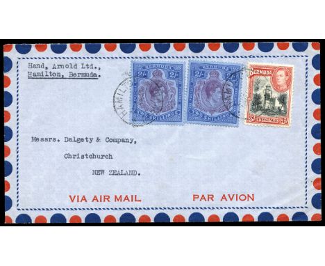 1940 airmail envelope to NZ franked by 3d black and red and two 2/- keyplates (11.37 and 10.40 printings) tied by HAMILTON CD