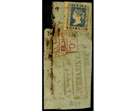 1854-55 ½a blue (pale shade) die II (SG 6) used on piece by light diamond of lozenges in blue and tied by large part rectangu