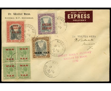 Airmail: 1930 (2 Jan) First daily flight from Nassau to Miami, four flown covers, two are registered express, both with 1918 
