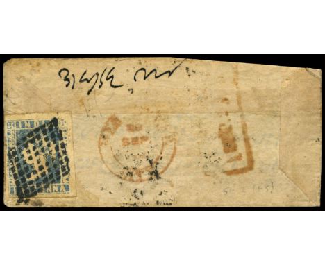 1854-55 ½a pale blue (poor impression) die II (SG 6), used on small native envelope by bold diamond of lozenges, with indisti