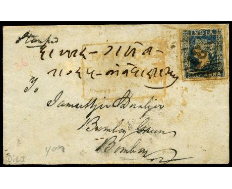 1854-55 ½a pale blue die I (SG 3), just tied to envelope to Bombay by '31?' in diamond, with faint red rectangular d.s. along