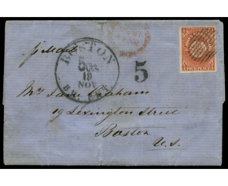 1857 4d Scarlet-vermilion (SG 4), fine used good to large four margin example tied to entire from St. Johns to Boston by a bl