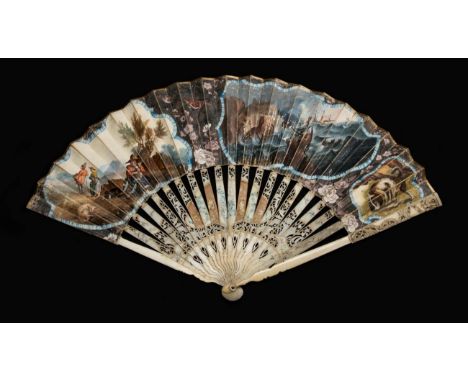 Shipwreck on the High Seas: A Pierced and Carved 18th Century Ivory Fan, with upper sections of the guards carved, and the go