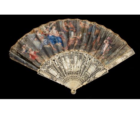 Venus in Vulcan's Forge: An 18th Century Ivory Fan, circa 1750, the exceptional monture is carved and very finely pierced. Ea