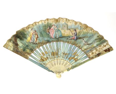 An 18th Century Ivory Fan, the guards painted in a pale sea green, with chinoiserie detail in brown and gold. The gorge is al