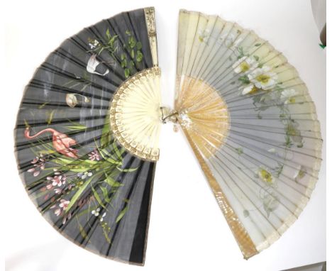 A Large Circa 1890's Pink Mother-of-Pearl Fan, the monture plain. The shaded blue gauze leaf is painted with a simple spray o