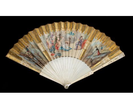 The Sacrifice of Iphigenia: A Fine Mid-18th Century Ivory Fan, the gorge plain, the guards piqué and inlaid with mother-of-pe