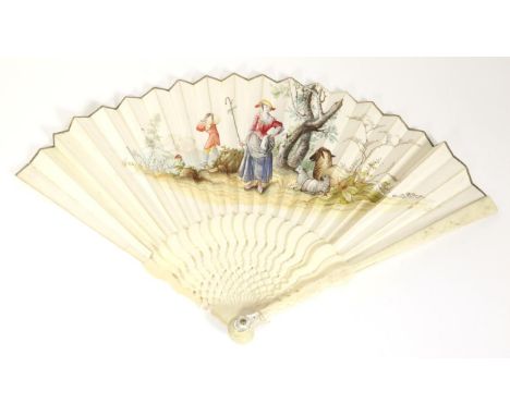 An Early 18th Century Ivory Fan, the sticks plain with shaped shoulders, and mother of pearl thumb guards, the double paper l