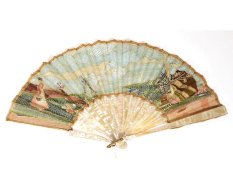 A Highly Original 20th Century Colourful Handmade Bobbin and Needle Lace Fan Leaf, mounted on a plain pink mother-of-pearl fr
