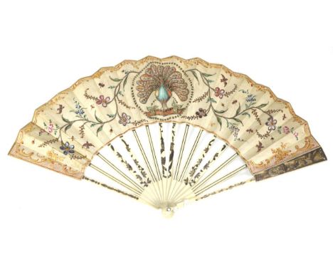 The Peacock: An 18th Century Ivory Fan, the central feature a large peacock, his features and feathers created with sequins, 