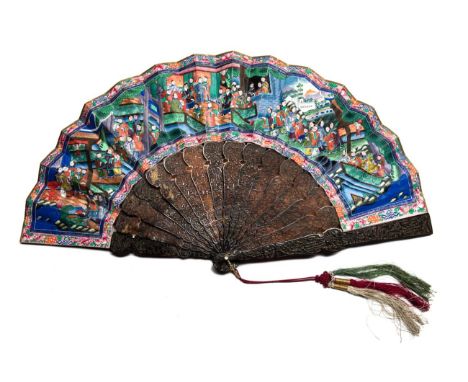 A Mid-19th Century Chinese Carved Tortoiseshell Mandarin Fan, Qing Dynasty, the double paper leaf depicting several different