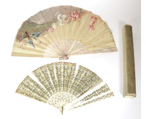 Billotey: A Large Circa 1890's Pale Pink Mother-of-Pearl Fan, the monture plain, the cream gauze leaf supported with bone rib