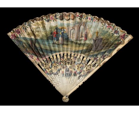 An Early and Quite Slender 18th Century Ivory Fan, the guards with simple painted decoration, the gorge sticks much more elab