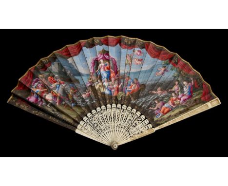 Saint Ursula and her Virgins: An Early 18th Century Fan, with pierced ivory sticks, the guards intricately carved in the Chin