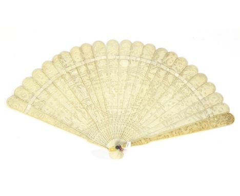 A Circa 1830's to 1840's Chinese Carved Ivory Brisé Fan, Qing Dynasty, the twenty one inner sticks featuring a large central 