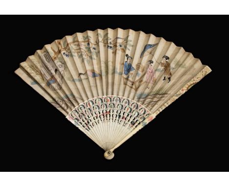 A Very Fine and Slender Ivory Fan, dated 1747, the guards carved, pierced and painted with baskets and shells. The gorge is p