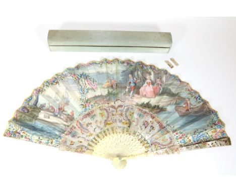 Toil and Tenderness: A Very Unusual Mid-18th Century Fan, with mother-of-pearl laid over ivory for part of the monture. The g