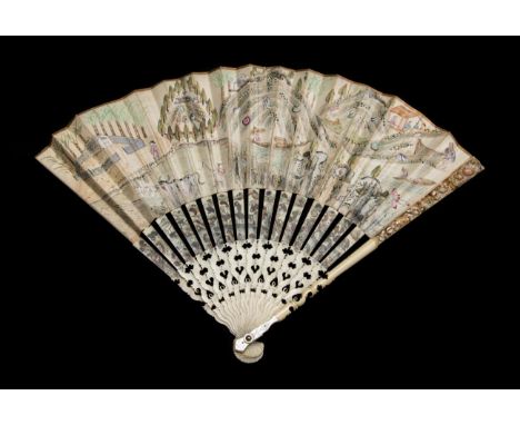 A Most Unusual Ivory Fan, circa 1740, the upper guards carved and painted, the gorge sticks undecorated but intricately shape