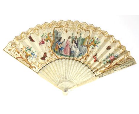 The Bride: A Small and Slender 18th Century Carved and Pierced Ivory Fan, with a double paper leaf, and diamanté in the form 