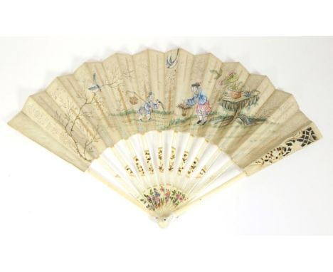 Birds and Butterflies: A Mid-18th Century Ivory Fan, with slender sticks, the upper section of the guards wider and carved wi