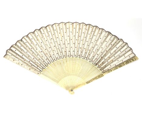 A Simple and Elegant 18th Century Carved and Pierced Ivory Fan, the gorge with small scale lattice work surrounding a central