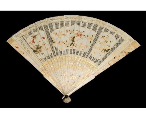 A Circa 1700 or Perhaps Earlier Chinese Painted Ivory Brisé Fan, Qing Dynasty, with twenty-two sticks and two guards. The pai