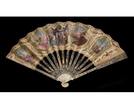 Hommage to Cupid: A Mid to Late 18th Century Ivory Fan, the monture carved and pierced, silvered and gilded. The gorge sticks