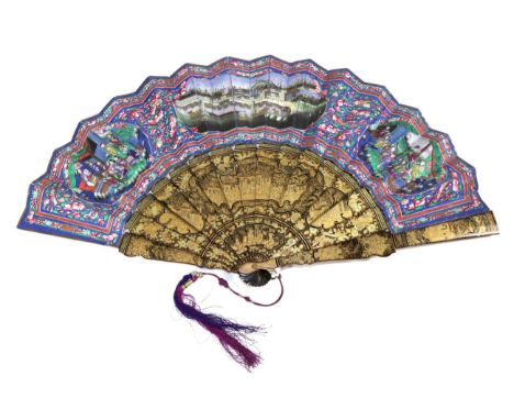 Harbour Scene: A Circa 1840-1860 Chinese Fan, Qing Dynasty, with wooden sticks, finely and intricately lacquered in gold on b