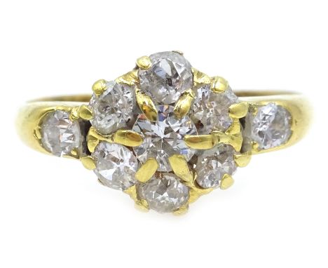 Gold old cut diamond cluster ring, stamped 18c Condition Report Approx 3.2gm, size N-OClick here for further images, conditio