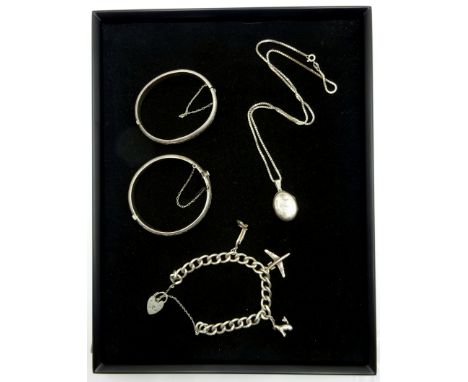 Hallmarked silver curb chain charm bracelet, two hinged bangles and an oval locket with box chain necklace approx 3oz Conditi