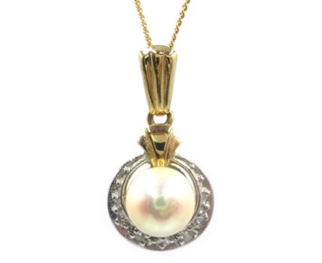 9ct gold pearl and diamond pendant, hallmarked Condition Report Length =  24cmClick here for further images, condition, aucti