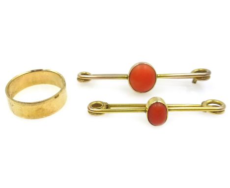 Two gold coral set bar brooches tested 9ct and a gold wedding band hallmarked 9ct  Condition Report approx 7.1gmClick here fo