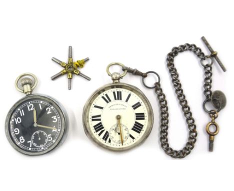 Silver cased pocket watch with steel albert and a military pocket watch stamped arrow G.S.T.P 3591 and a multiple watch key C