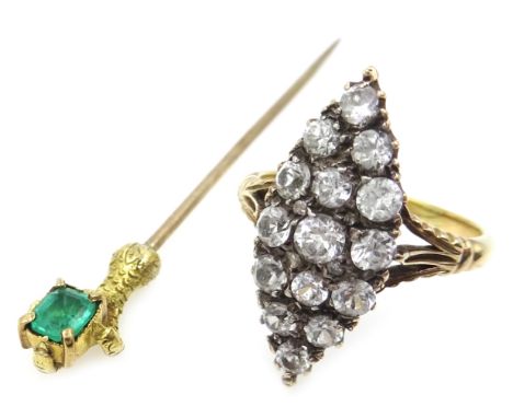 18ct gold marquise stone set ring and emerald set claw pin boxed Condition Report Click here for further images, condition, a