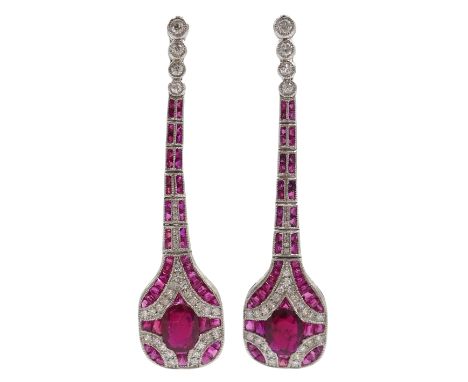 Pair of platinum (tested) Art Deco style diamond and ruby pendant ear-rings Condition Report Pendant length = 5.6cmClick here