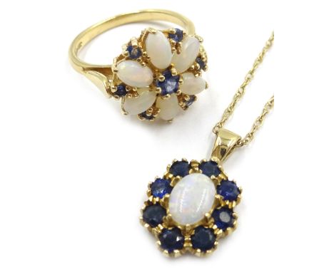 14ct gold opal and sapphire cluster ring and a similar 9ct gold pendant necklace, both hallmarked Condition Report 6gm total,