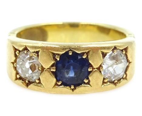 Heavy 18ct gold (tested) three stone diamond and sapphire rubover set ring, each diamond approx 0.4 carat Condition Report Ap