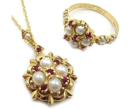 14ct gold ruby and pearl cluster pendant necklace and matching ring hallmarked  Condition Report ring size Qnecklace 46cmappr