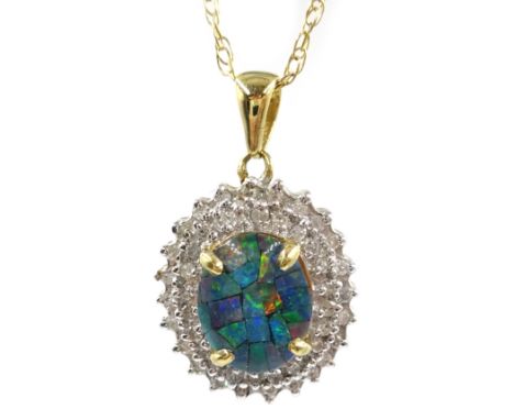 Opal mosaic triplet and diamond cluster pendant necklace, hallmarked 9ct Condition Report Length =  44cmClick here for furthe