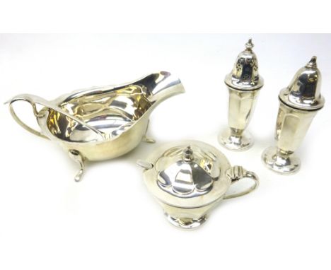 Silver sauce boat with matching ladle and a three piece cruet set both by Viner's Ltd Sheffield 1936/37, approx 10oz Conditio