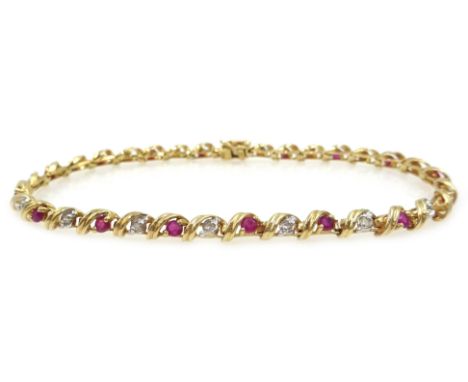 9ct gold ruby and diamond swirl link bracelet, hallmarked Condition Report Length =  9cm, approx 6gmClick here for further im