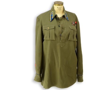 Russian WWII Soviet Red Army Uniform Shirt With Enameled Metals. Measures 18" Shoulder To Shoulder, 35" Down The Back. Domest