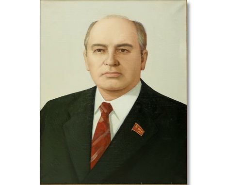 20th Century Russian Soviet Era Oil On Canvas, Portrait Of Mikhail Gorbachev. Unsigned. Measures 31" H X 23-1/4" W, Frame Mea