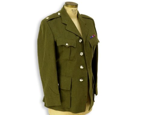 Vintage British Army Green Military Coat. Enameled "Juncta In Uno Tria" Badge To Top Right Shoulder. Measures 17-1/2" Shoulde