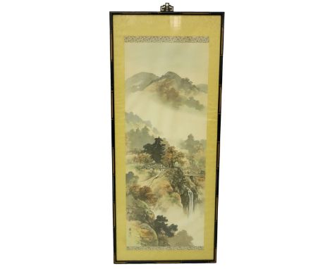 Large Chinese Watercolor Scroll Painting, Village with Mountainous Landscape, Signed and Inscribed Lower Left. Measures 50-1/